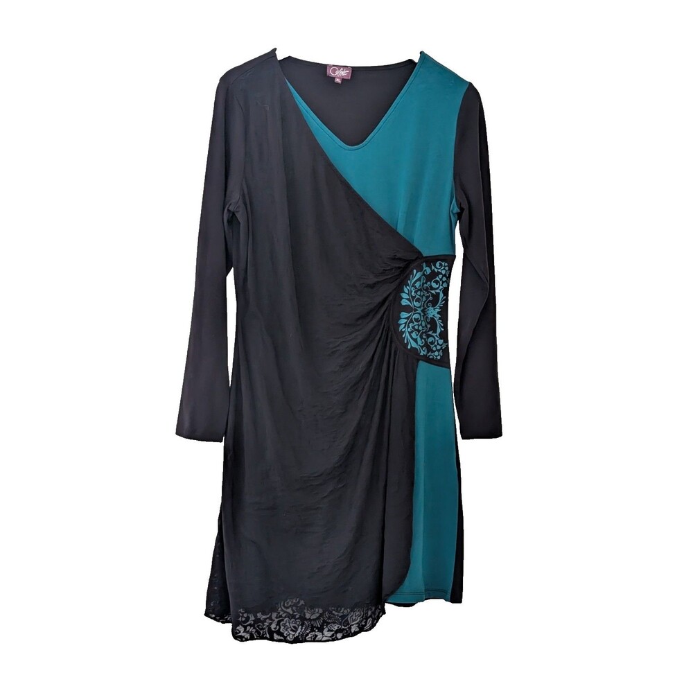 Women's 2 Tone Coline Wrap Style Long Sleeve Turquoise & Black Dress XL